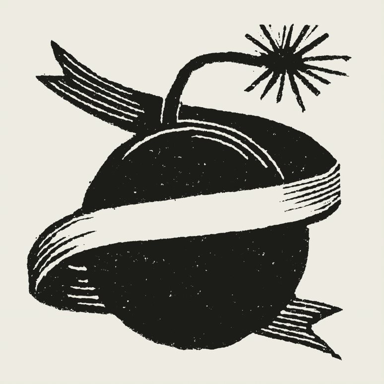 A screen printed image of black, spherical bomb with a lit fuse wrapped in a flowing ribbon.